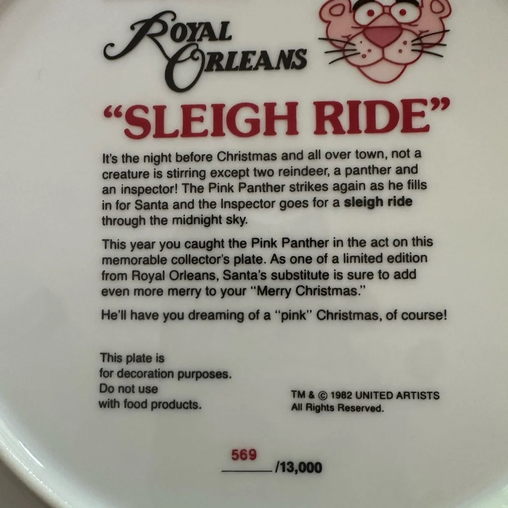 Royal Orleans Limited Edit Merry Christmas 1982 Pink Panther Sleigh Ride 1st Ann